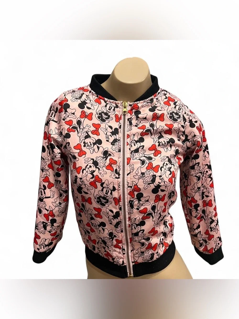 Pink Minnie Mouse Print Bomber Jacket with Red Bows